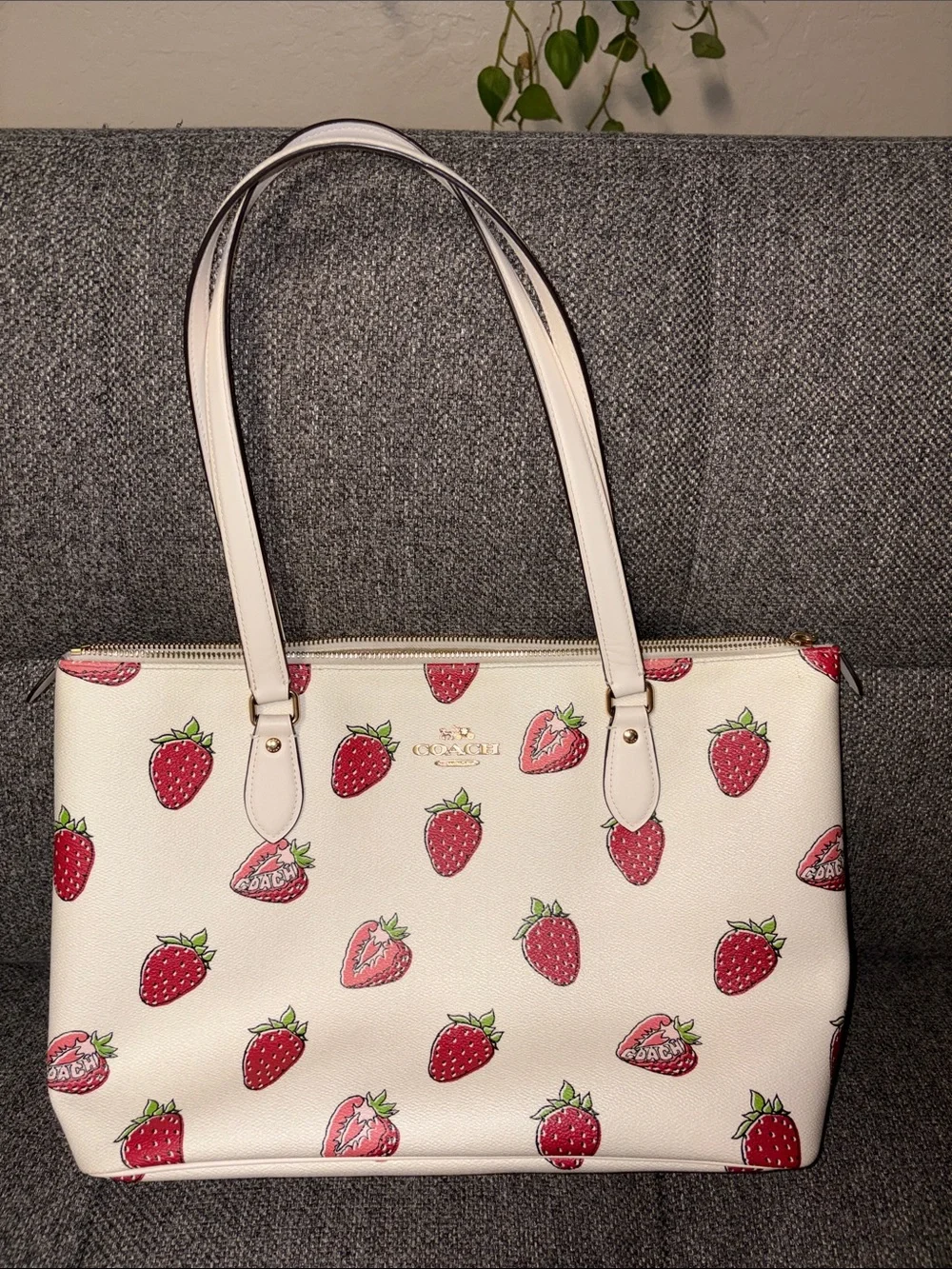 Coach Cream Tote with Red Strawberry Print